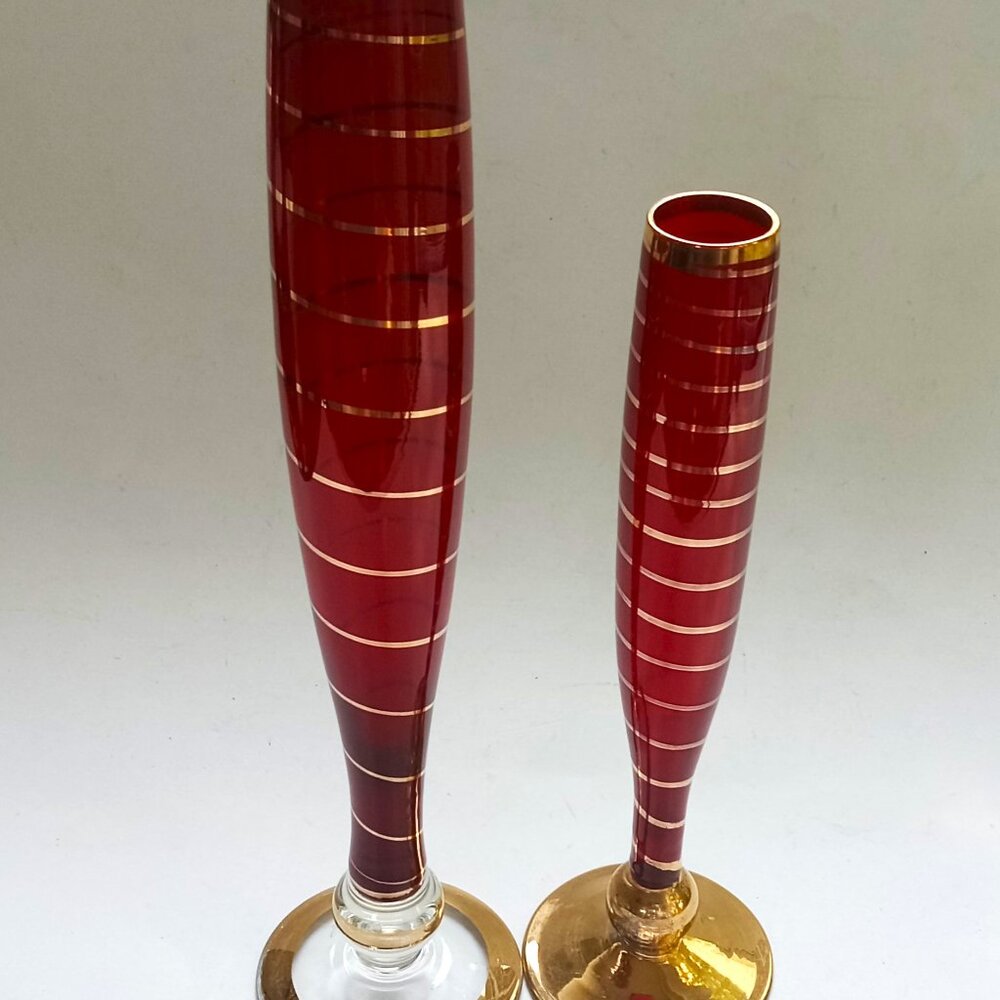 VTG CZECH BOHEMIAN RUBY RED Gold Stripes Bud Vases MCM Retro Atomic Set of 2 MCM